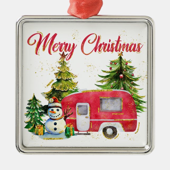 WATERCOLOR MERRY CHRISTMAS CAMPER & BÄUME ORNAMENT AUS METALL (Vorne)