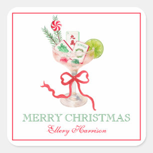 Watercolor Merry Mahjong Weihnachtscocktail Party Quadratischer Aufkleber