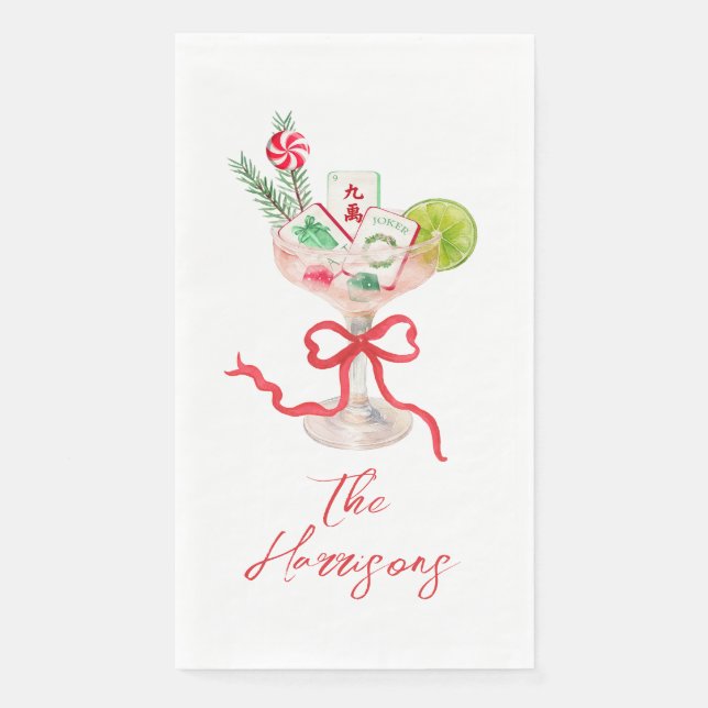 Watercolor Merry Mahjong Weihnachtscocktail Party Serviette (Vorderseite)