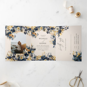 Watercolor Midnight Blue Gold Floral Dreifach Gefaltete Einladung
