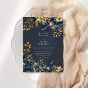 Watercolor Midnight Blue Gold Floral Wedding Einladung