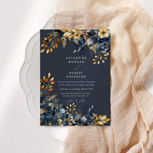 Watercolor Midnight Blue Gold Floral Wedding Einladung (Von Creator hochgeladen)