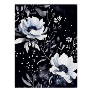 Watercolor Midnight Floral Symphony in Black Poster