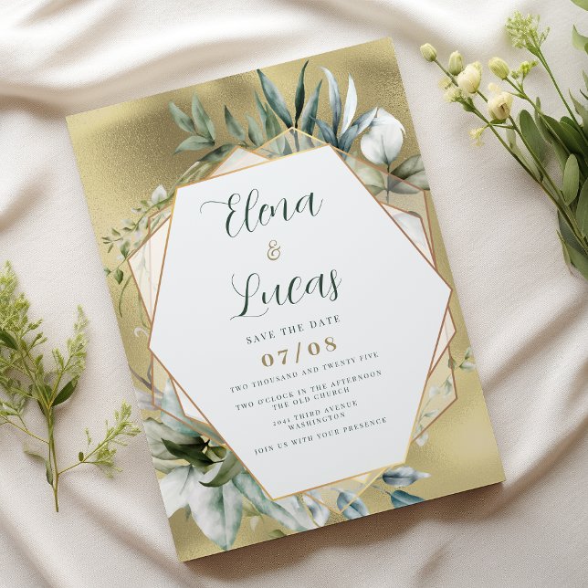 Watercolor mint gold foliage geometric wedding einladung (Watercolor mint gold foliage geometric wedding)
