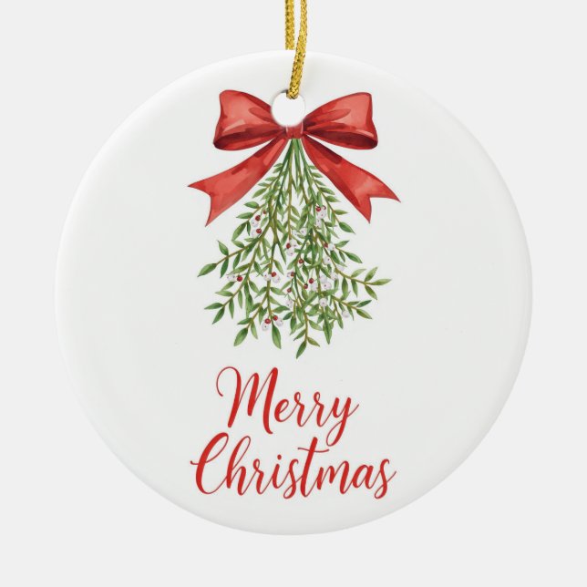 Watercolor Mistletoe Merry Christmas Keramik Ornament (Vorne)