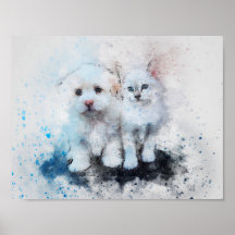 Watercolor Mix Media Kitten & Puppy Buddies