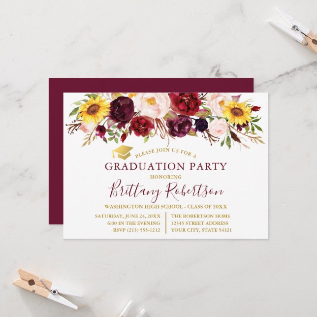 Watercolor Mixed Floral Burgundy Graduation Party Einladung (Vorderseite/Rückseite Beispiel)