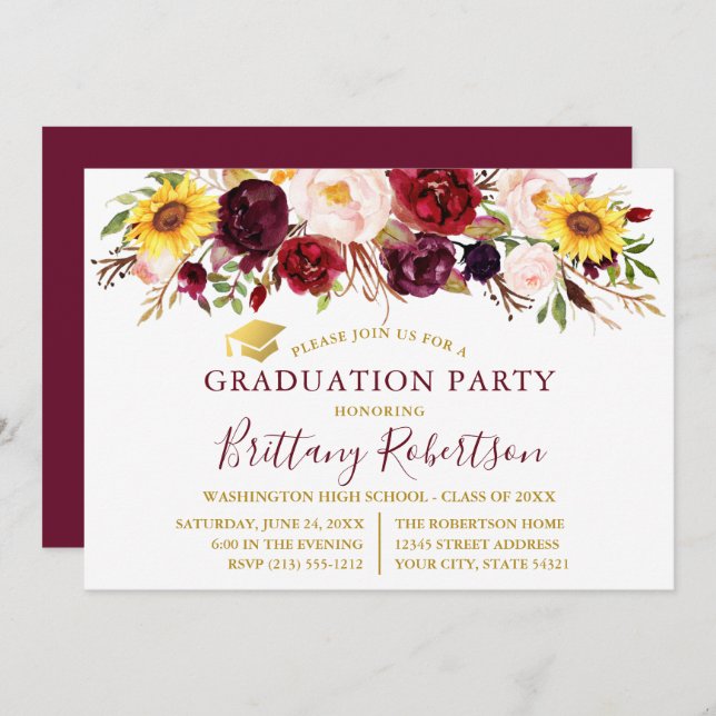 Watercolor Mixed Floral Burgundy Graduation Party Einladung (Vorne/Hinten)