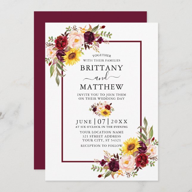 Watercolor Mixed Floral Burgundy Rahmen Wedding Einladung (Vorne/Hinten)