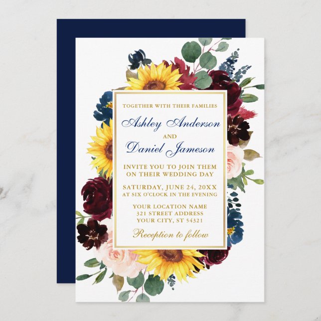 Watercolor Mixed Floral Frame Wedding Blue Gold Einladung (Vorne/Hinten)