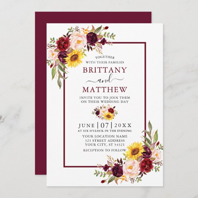 Watercolor Mixed Floral Wedding Burgundy Frame Einladung (Vorne/Hinten)