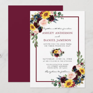 Watercolor Mixed Floral Wedding Burgundy Frame Einladung