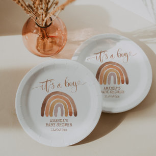 Watercolor Modern Boho Rainbow Es ist ein Junge Pappteller