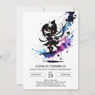 Watercolor Modern Ninja Girl Birthday Einladung