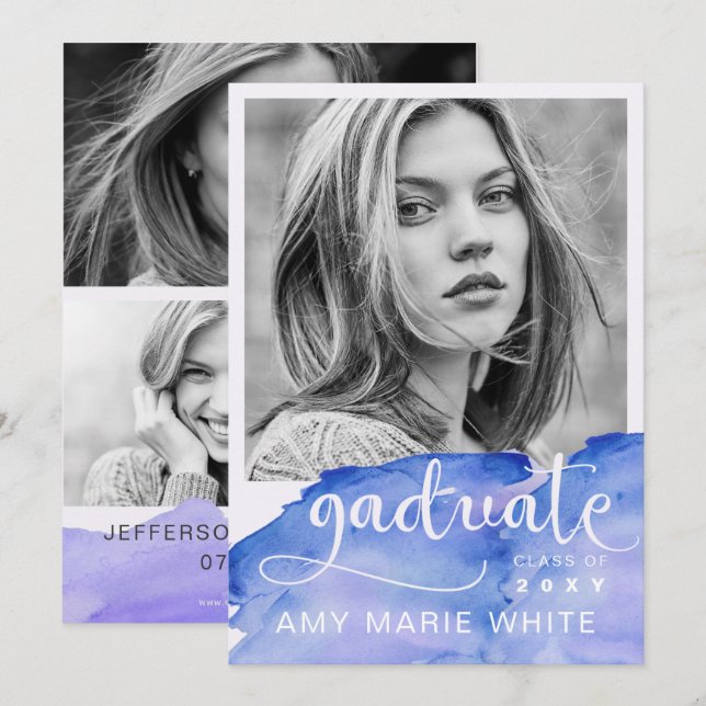 Watercolor Modern Stilvolle Script Foto Abschluss Einladung (Vorne/Hinten)