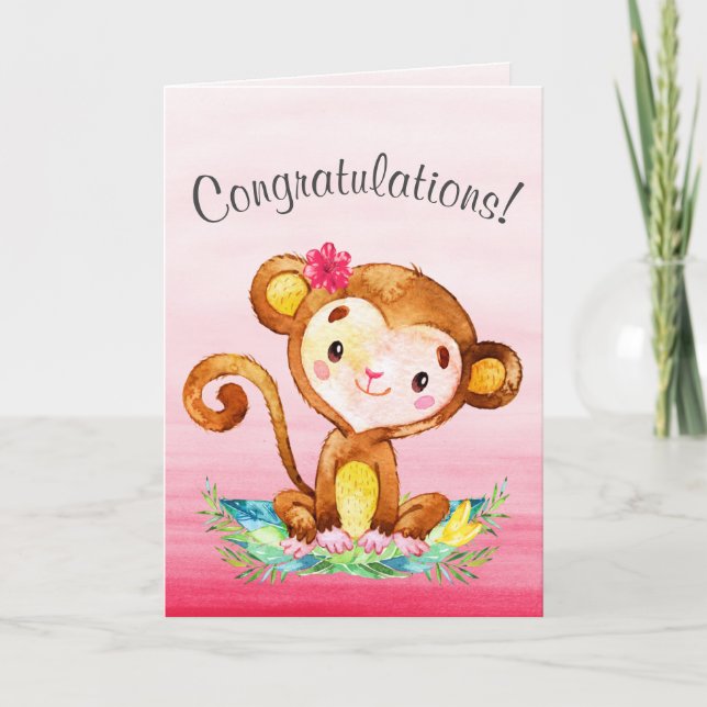 Watercolor Monkey Girl Gratulation Karte (Vorderseite)