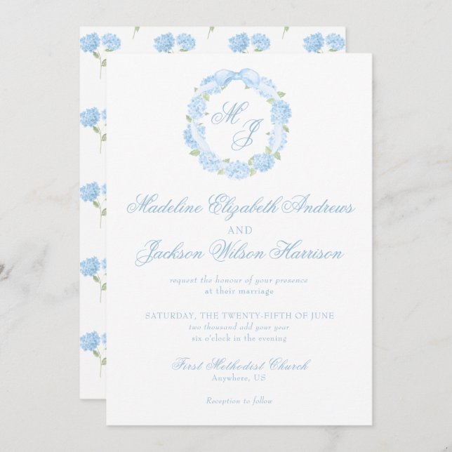 Watercolor Monogram Blue Hydrangea Wreath Wedding Einladung (Vorne/Hinten)