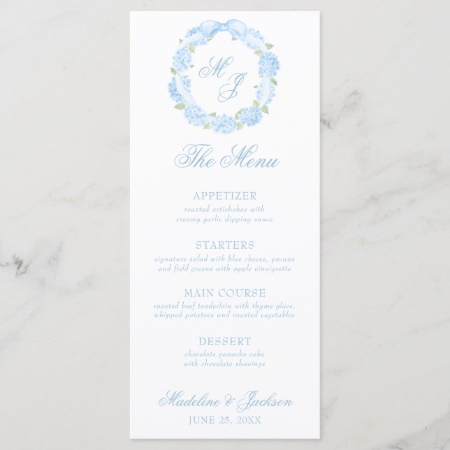 Watercolor Monogram Blue Hydrangea Wreath Wedding Menükarte (Vorderseite)