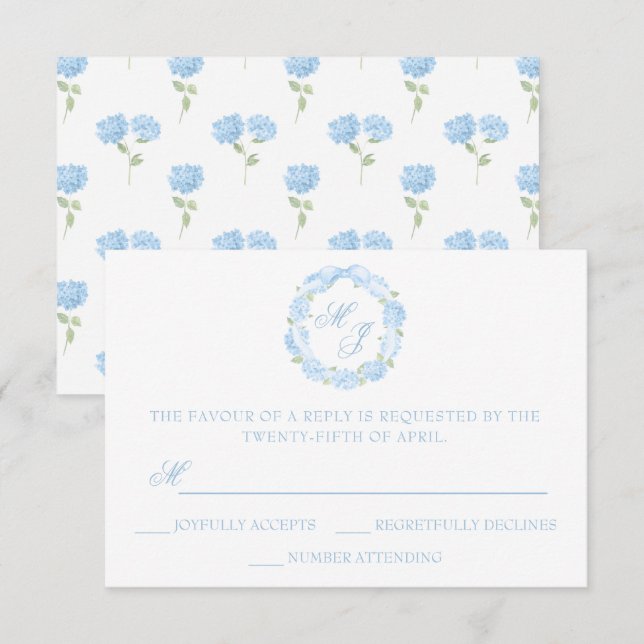 Watercolor Monogram Blue Hydrangea Wreath Wedding RSVP Karte (Vorne/Hinten)