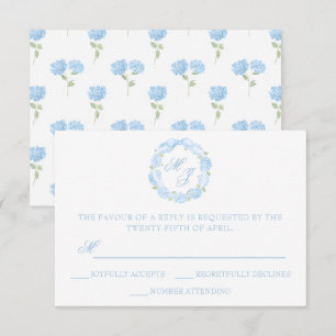 Watercolor Monogram Blue Hydrangea Wreath Wedding RSVP Karte