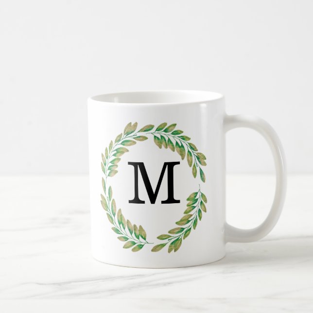 Watercolor Monogram Gold Green Blätter Wreath Kaffeetasse (Rechts)