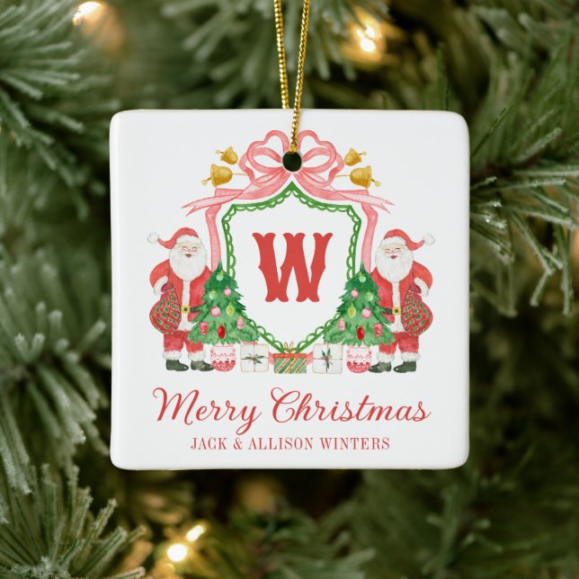 Watercolor Monogram Initial Santa Crest Keramikornament (Baum)