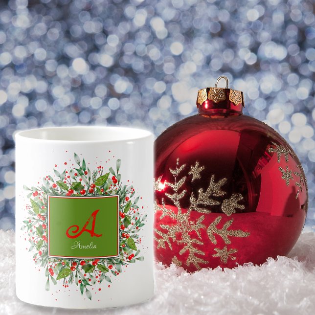 Watercolor monogram Red Christmas Coffee Mug Kaffeetasse (Von Creator hochgeladen)