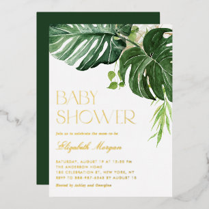 Watercolor Monstera Grünzeug Tropische Babyparty Folieneinladung