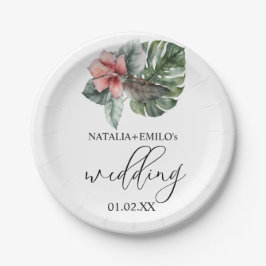 Watercolor Monstera Leaf Floral Wedding Pappteller