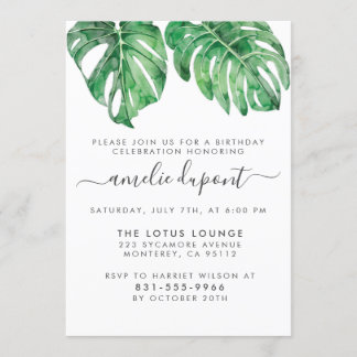 Watercolor Monstera & Modern Script Geburtstagspar Einladung
