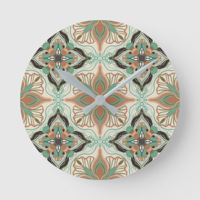 Watercolor Moroccan Floral Tile Runde Wanduhr (Vorderseite)