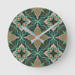 Watercolor Moroccan Teal Floral Tile Runde Wanduhr