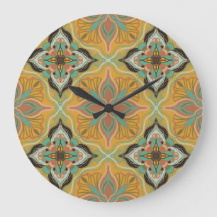 Watercolor Moroccan Yellow Floral Tile  Große Wanduhr