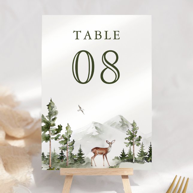 Watercolor Mountain Forest Deer Wedding Tischnummer (Von Creator hochgeladen)