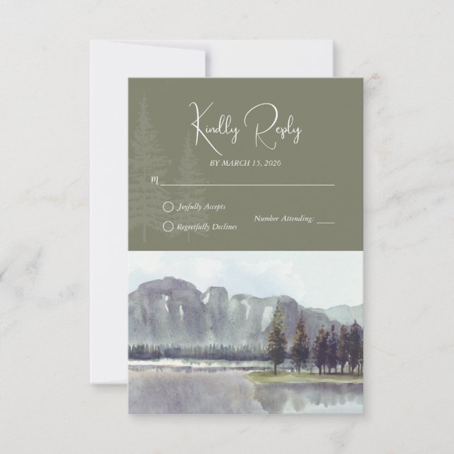 Watercolor Mountain Forest Trees Lake Wedding RSVP Karte (Vorderseite)
