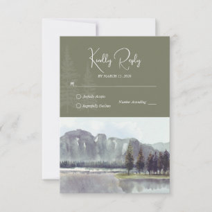 Watercolor Mountain Forest Trees Lake Wedding RSVP Karte
