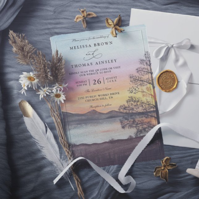 Watercolor Mountain Lake View QR Code Wedding Einladung (Von Creator hochgeladen)