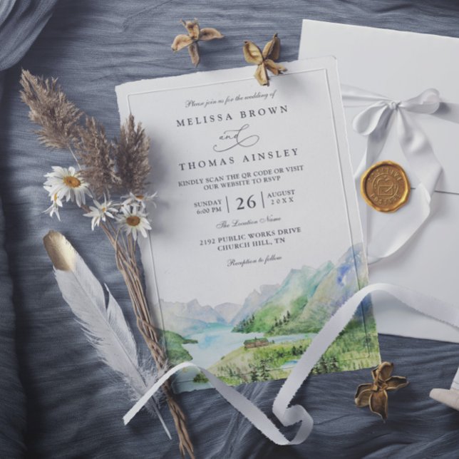 Watercolor Mountain Rustic Lakes QR Code Wedding Einladung (Von Creator hochgeladen)