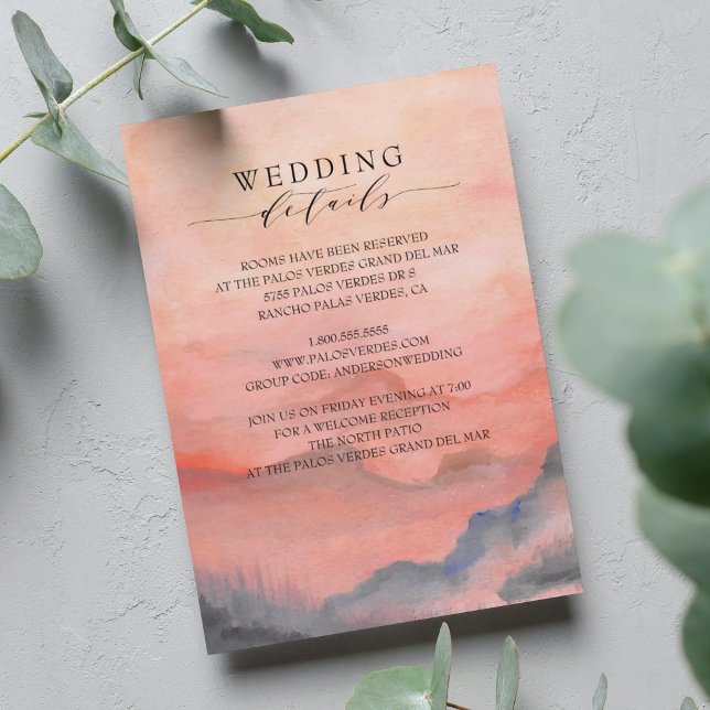 Watercolor Mountain Rustic Sunset Wedding Details Begleitkarte (Von Creator hochgeladen)