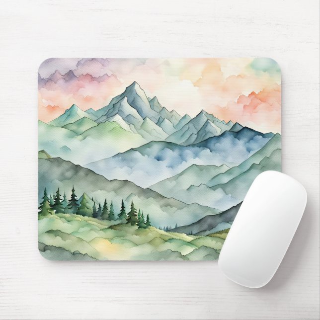 Watercolor Mountain Scene Mousepad (Mit Mouse)