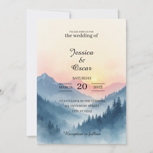 Watercolor Mountain Sunrise Wedding Invitation Einladung (Vorderseite)