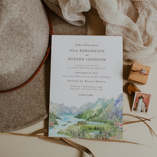 Watercolor Mountain | Waterton Lakes Wedding Einladung (Von Creator hochgeladen)
