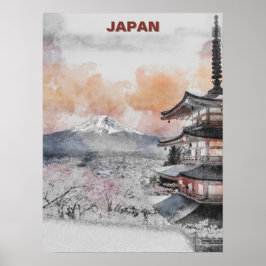 Watercolor Mt. Fuji & Japanese Pagoda – Japan Land Poster