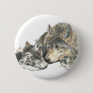 Watercolor Mutter Wolf & Cubs Art Button