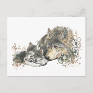 Watercolor Mutter Wolf & Cubs Art Postkarte