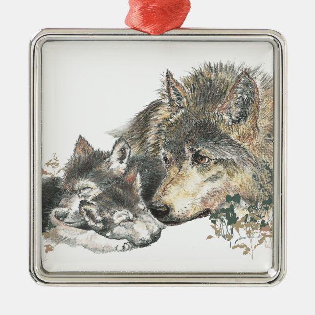 Watercolor Mutter Wolf & Cubs Art Silbernes Ornament (Vorne)