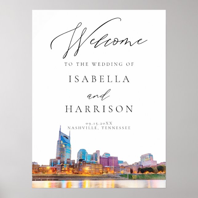 Watercolor Nashville Skyline Wedding Welcome Sign Poster (Vorne)