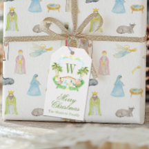 Watercolor Nativity Monogram Crest Christmas