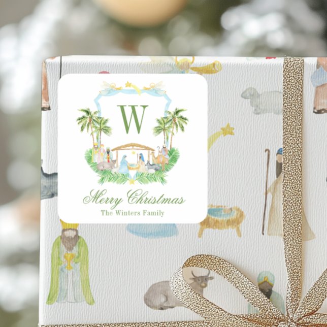 Watercolor Nativity Monogram Crest Christmas Quadratischer Aufkleber (Von Creator hochgeladen)