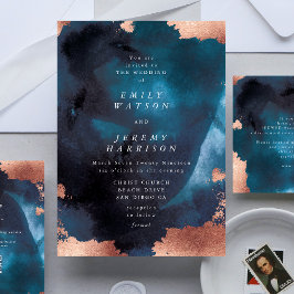 Watercolor Navy Blue Moody Rose Gold Wedding Einladung